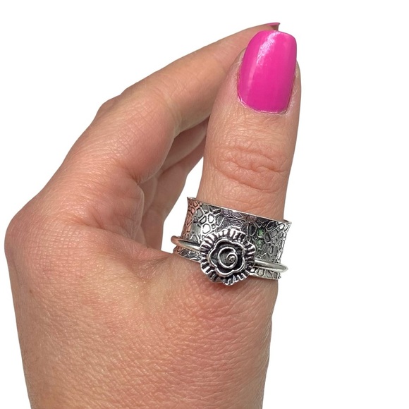 Rose Flower Spinner Meditation Band Ring Size 12 Sterling Silver 925 Overlay - Picture 2 of 6